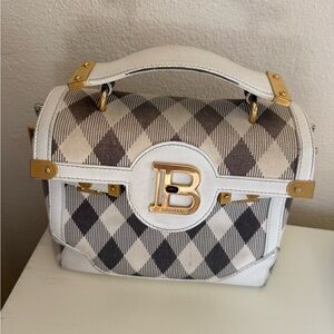 Balmain White and Gray Plaid Satchel